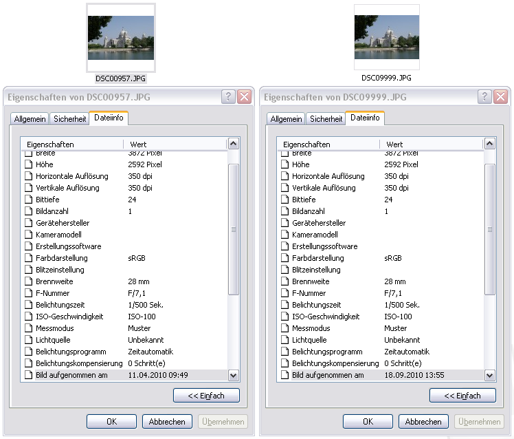 Unterschiedliche Aufnahmezeitpunkte in den EXIF-Dateien zweier identischer Fotografien