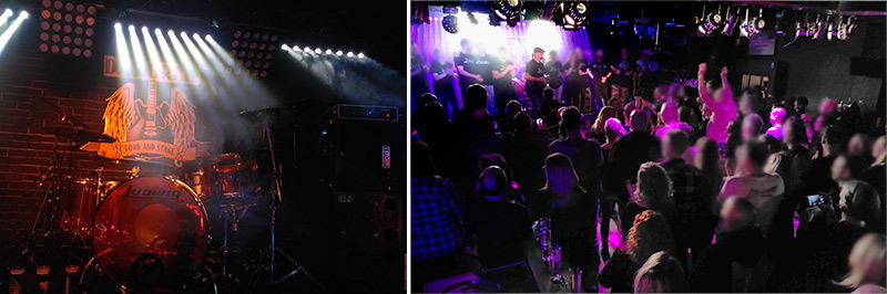 2 Fotos. Die Bühne mit Schlagzeug, im Hintergrund das Greif-Logo einer E-Gitarre mit Flügeln. Der Party-Saal mit vielen Menschen und der Greif-Crew auf der Bühne.