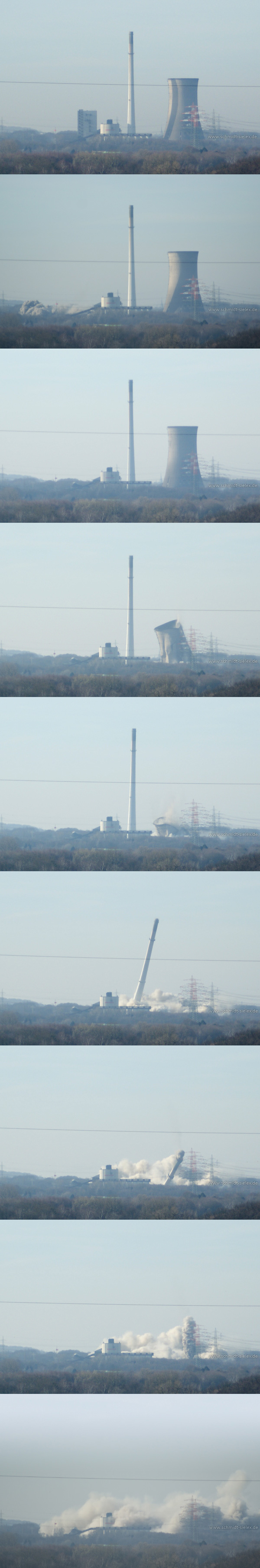 Fotoserie der Sprengung des Kraftwerks Knepper. Neun Einzelfotos in einem Bild.
