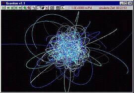 Abbildung des Graviton-Programms mit einem Linienmuster, das 100 Objekte durch ihre Bewegung erzeugt haben